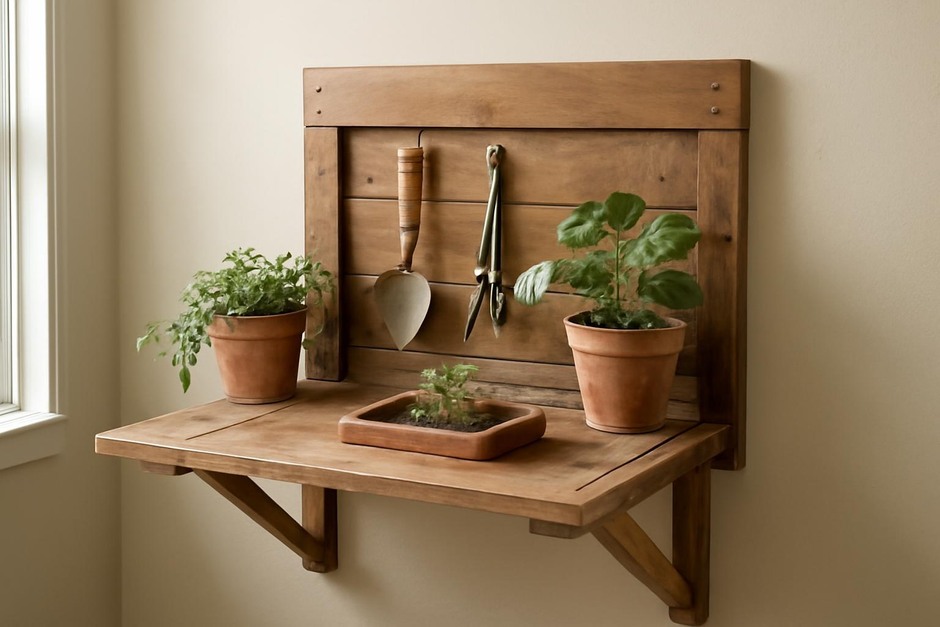 Fold-down potting shelf made from reclaimed wood attached to wall with plants and tools