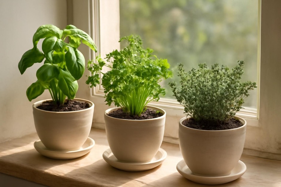 Small ceramic pots of basil, parsley and thyme on a sunny windowsill
